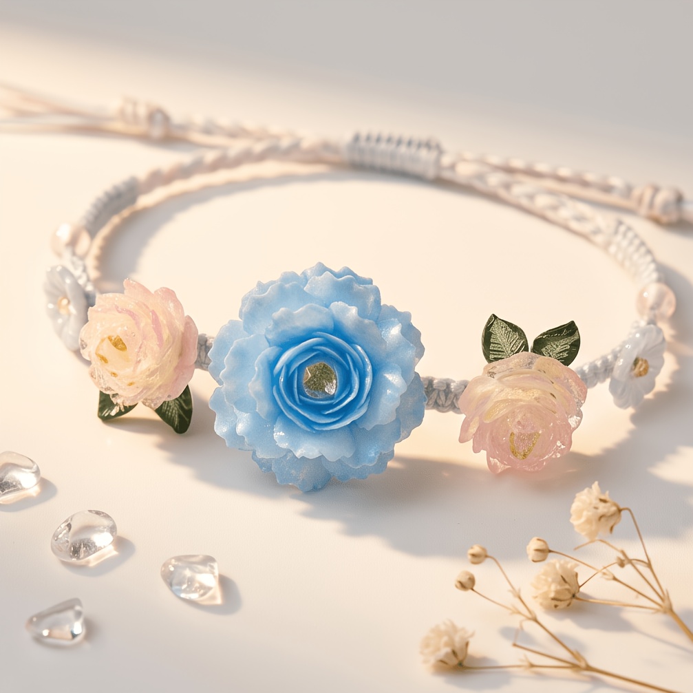 Macaron Blue Pink Gradient Rose Handmade Woven Wristband Bracelet